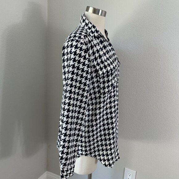 Ann Taylor Womens Medium Houndstooth Camp Shirt Blouse Black White Top - Picture 6 of 13